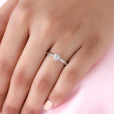 Diamond Floral Ring in Platinum Over Sterling Silver (Size 10.0) 0.10 ctw