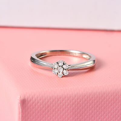 Diamond Floral Ring in Platinum Over Sterling Silver (Size 10.0) 0.10 ctw