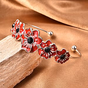 Black Austrian Crystal and Enameled Poppy Flower Cuff Bracelet in Silvertone (6.50 In)