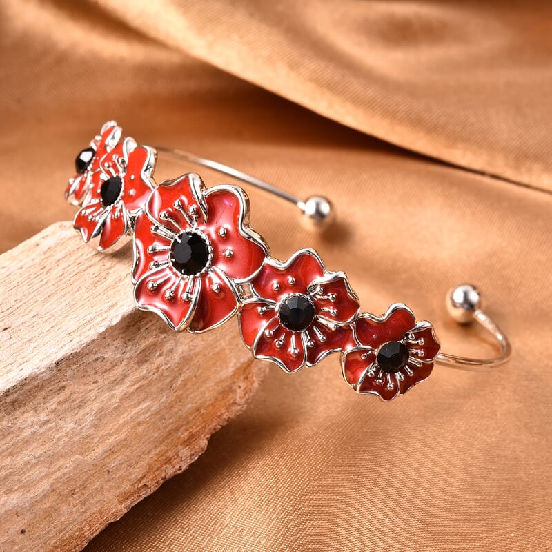 Black Austrian Crystal and Enameled Poppy Flower Cuff Bracelet in Silvertone (6.50 In)