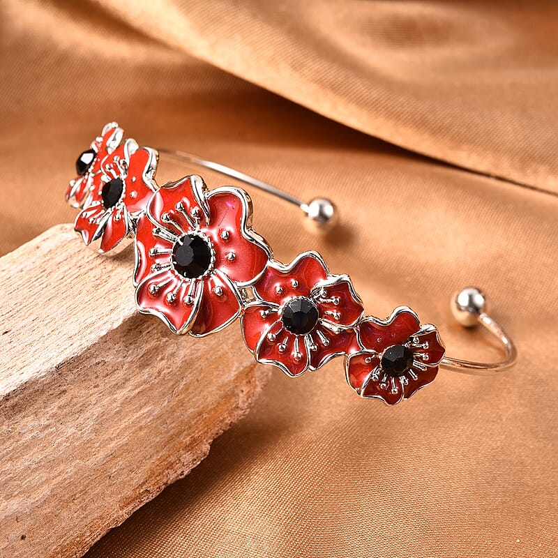 Black Austrian Crystal and Enameled Poppy Flower Cuff Bracelet in Silvertone (6.50 In)