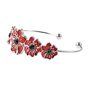 Black Austrian Crystal and Enameled Poppy Flower Cuff Bracelet in Silvertone (6.50 In)