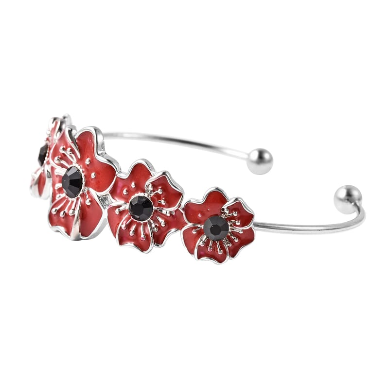 Black Austrian Crystal and Enameled Poppy Flower Cuff Bracelet in Silvertone (6.50 In)