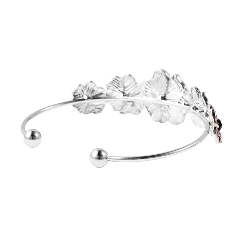 Black Austrian Crystal and Enameled Poppy Flower Cuff Bracelet in Silvertone (6.50 In)