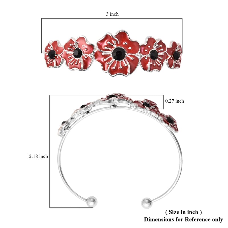 Black Austrian Crystal and Enameled Poppy Flower Cuff Bracelet in Silvertone (6.50 In)
