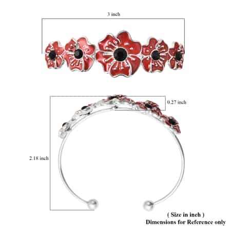 Black Austrian Crystal and Enameled Poppy Flower Cuff Bracelet in Silvertone (6.50 In) image number 5