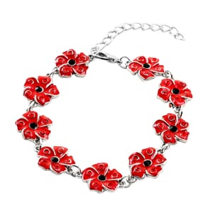 Black and Red Austrian Crystal and Enameled Poppy Flower Bracelet in Silvertone