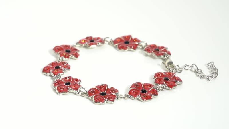 Black and Red Austrian Crystal and Enameled Poppy Flower Bracelet in Silvertone