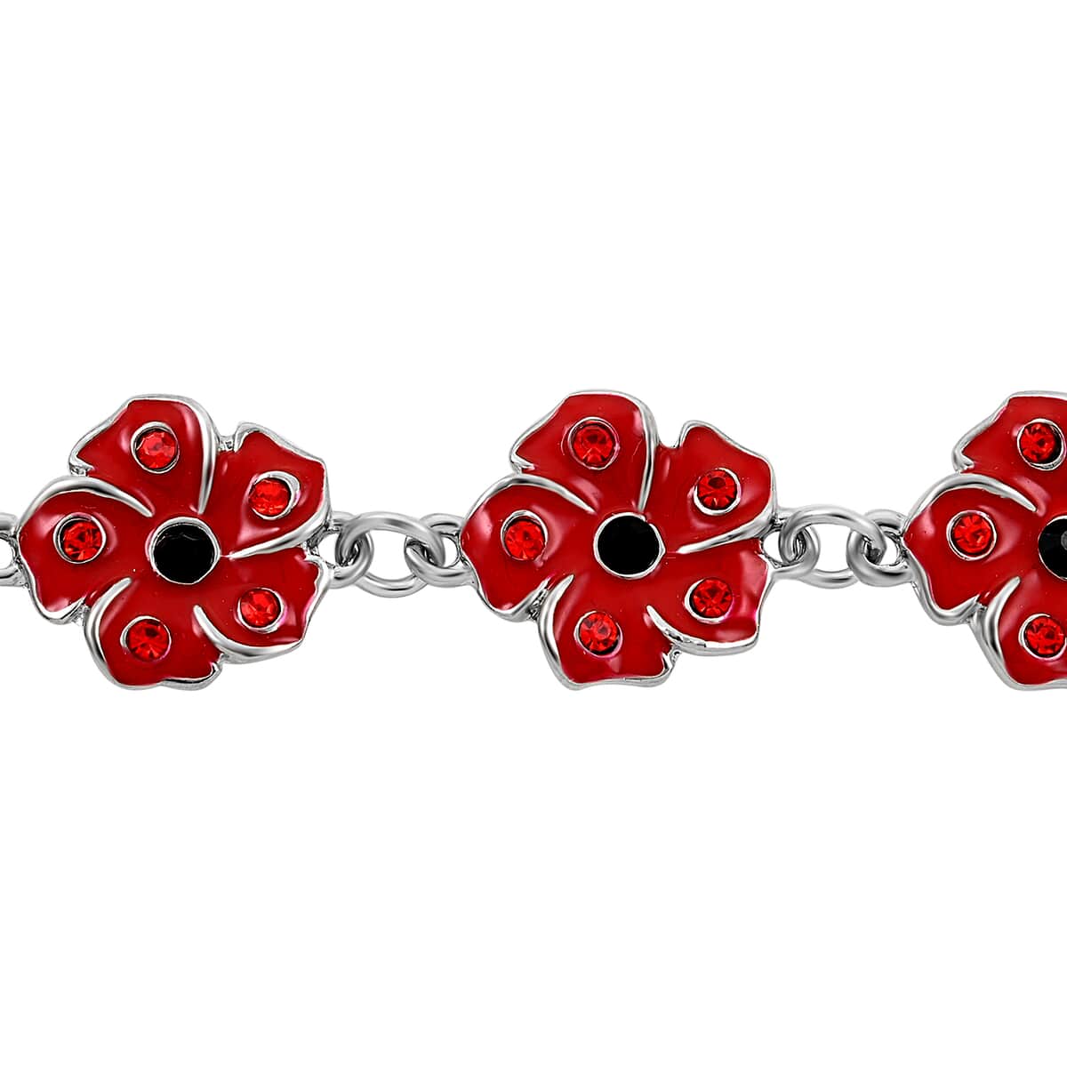 Black and Red Austrian Crystal and Enameled Poppy Flower Bracelet in Silvertone image number 2