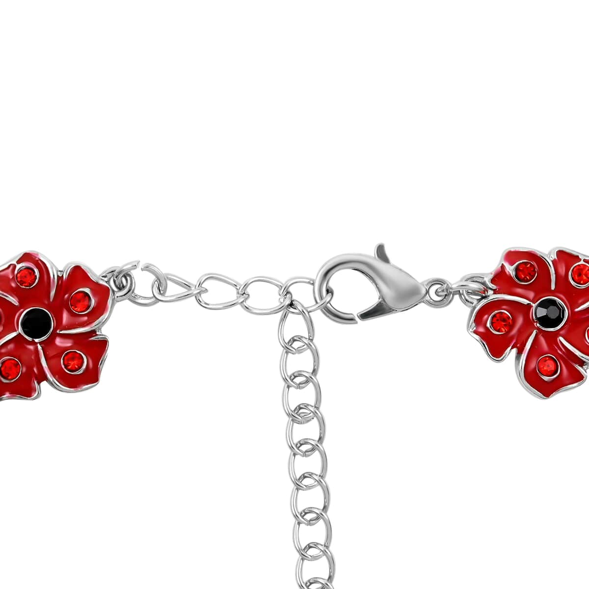 Black and Red Austrian Crystal and Enameled Poppy Flower Bracelet in Silvertone image number 3