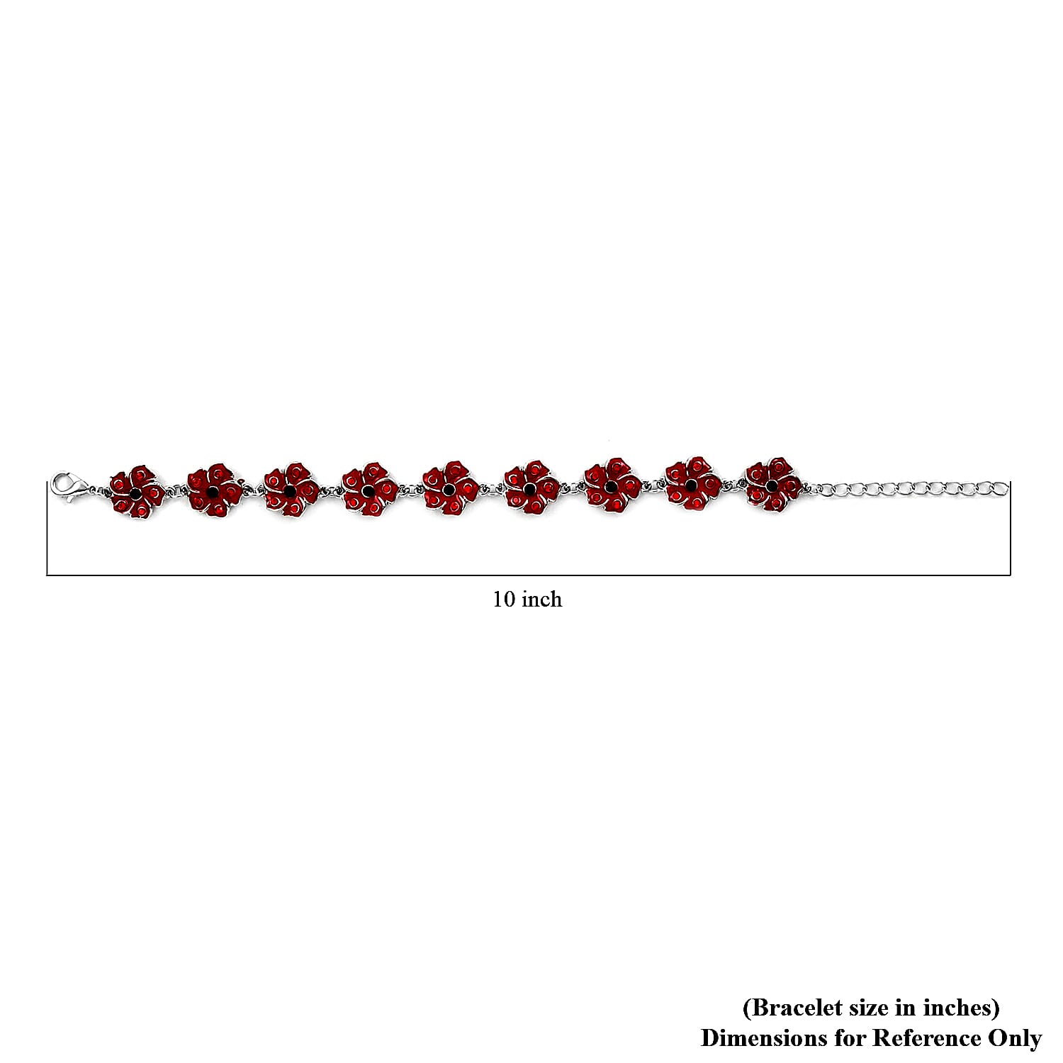 Black and Red Austrian Crystal and Enameled Poppy Flower Bracelet in Silvertone