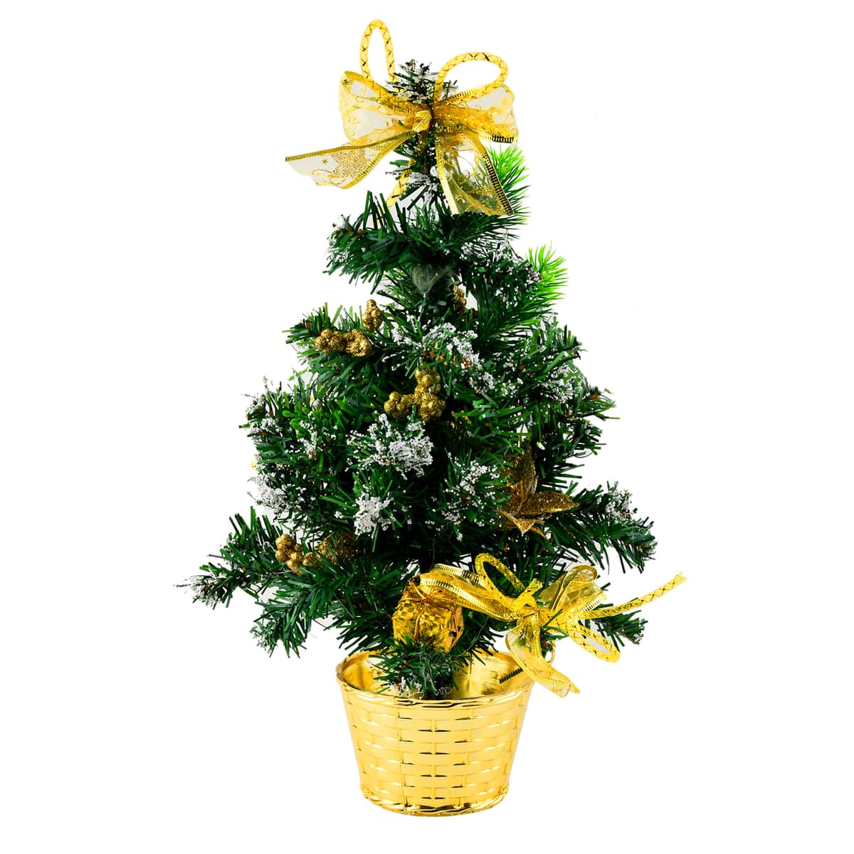 Table Christmas Tree with Snow Flocking, Golden Berries & Baubles and Bowknot- Golden image number 0