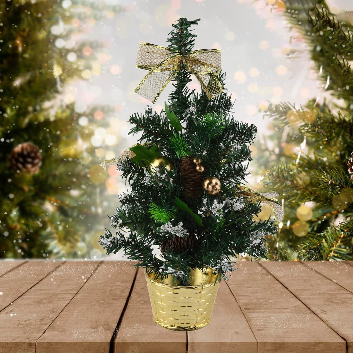 Table Christmas Tree with Snow Flocking, Pine Cone, Golden Berries & Baubles and Bowknot- Golden image number 1