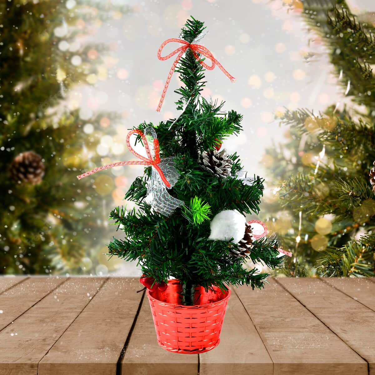 Table Christmas Tree with Snow Flocking, Red Berries, Pine Cone and Bowknot- Pink image number 1