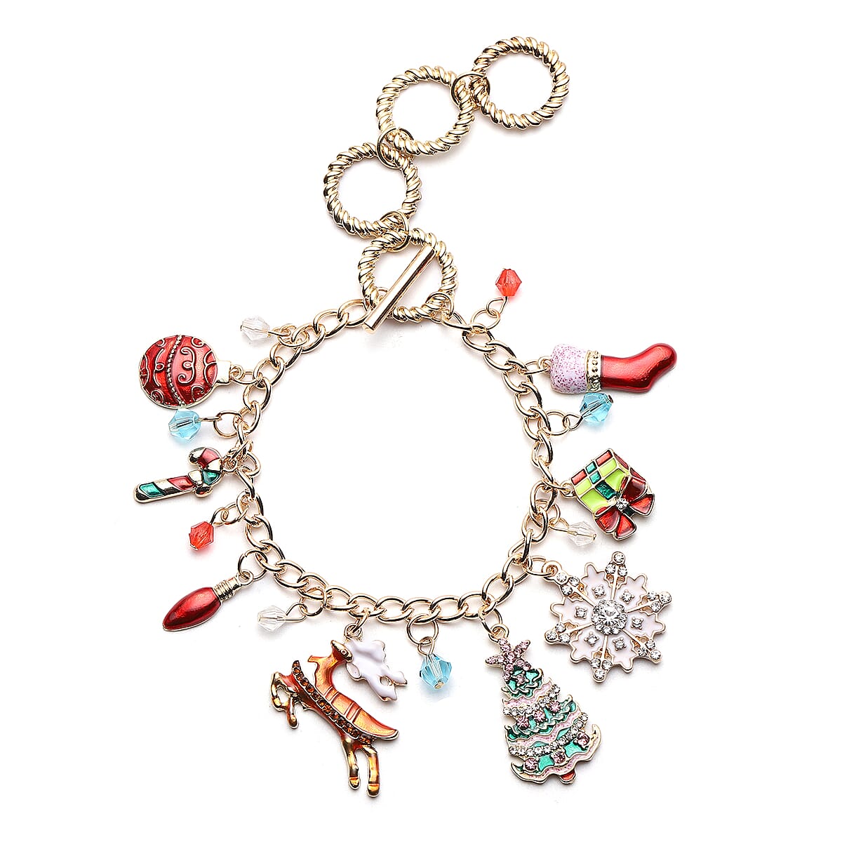 Magic Color Glass, Multi Color Austrian Crystal and Enameled Christmas Charms Bracelet in Goldtone (7.50 In) image number 0