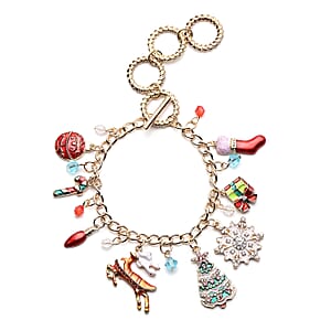 Magic Color Glass, Multi Color Austrian Crystal and Enameled Christmas Charms Bracelet in Goldtone (7.50 In)