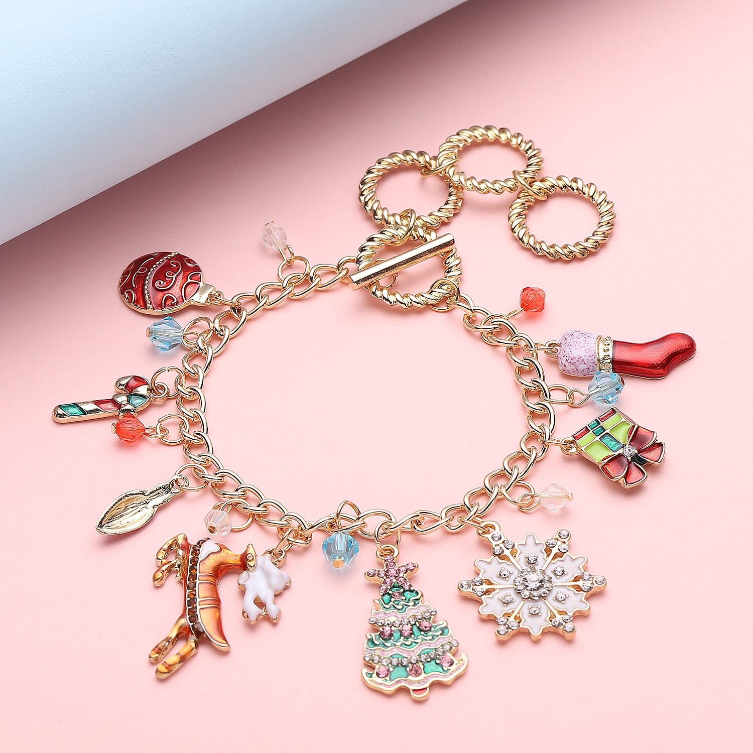 Magic Color Glass, Multi Color Austrian Crystal and Enameled Christmas Charms Bracelet in Goldtone (7.50 In)