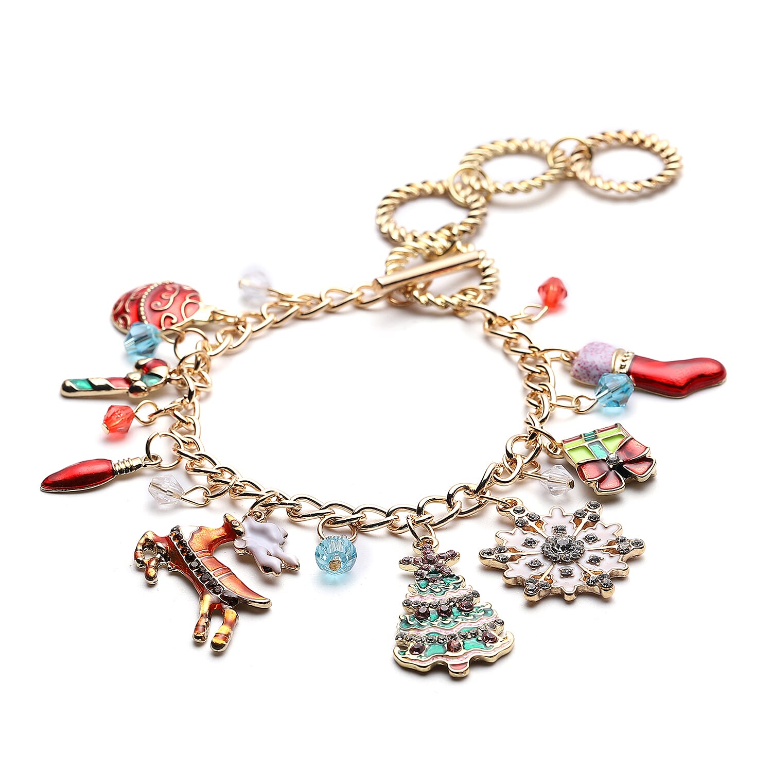 Magic Color Glass, Multi Color Austrian Crystal and Enameled Christmas Charms Bracelet in Goldtone (7.50 In)