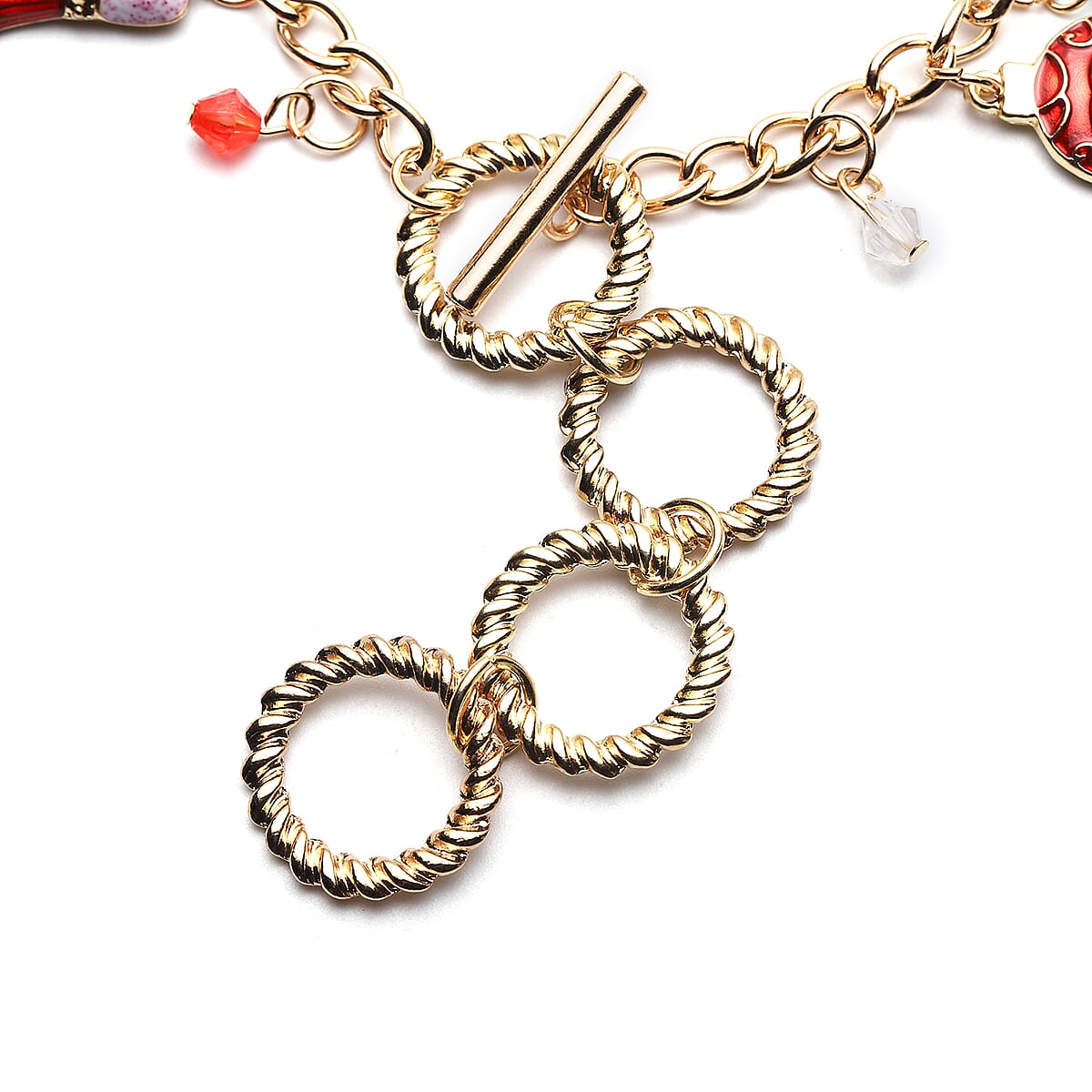 Magic Color Glass, Multi Color Austrian Crystal and Enameled Christmas Charms Bracelet in Goldtone (7.50 In) image number 3