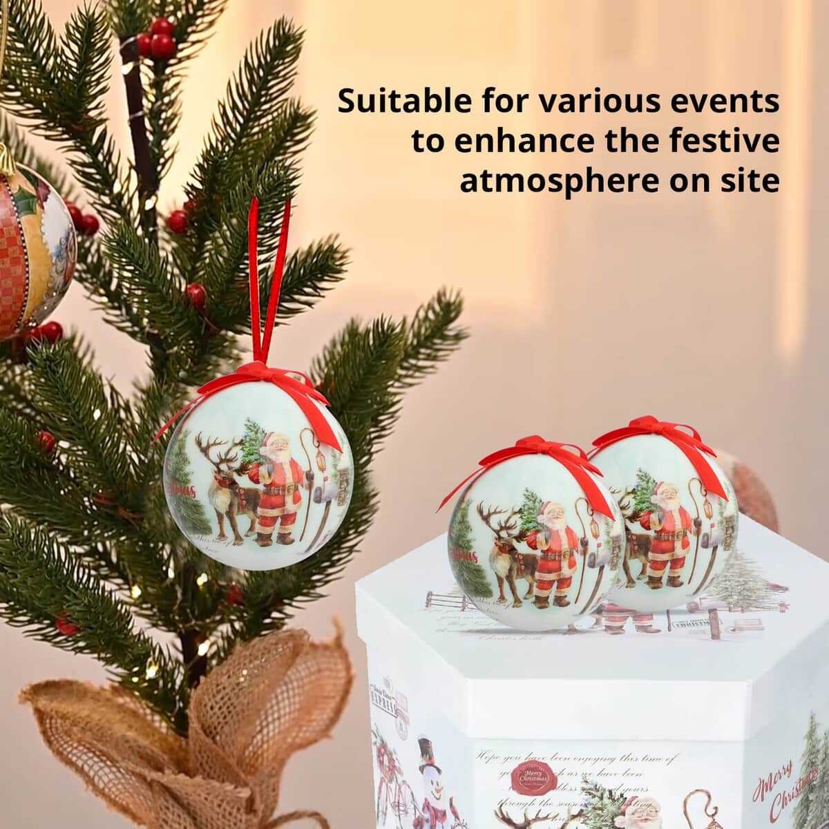 Set of 14pcs White Christmas Decoration Balls and Ribbon image number 3