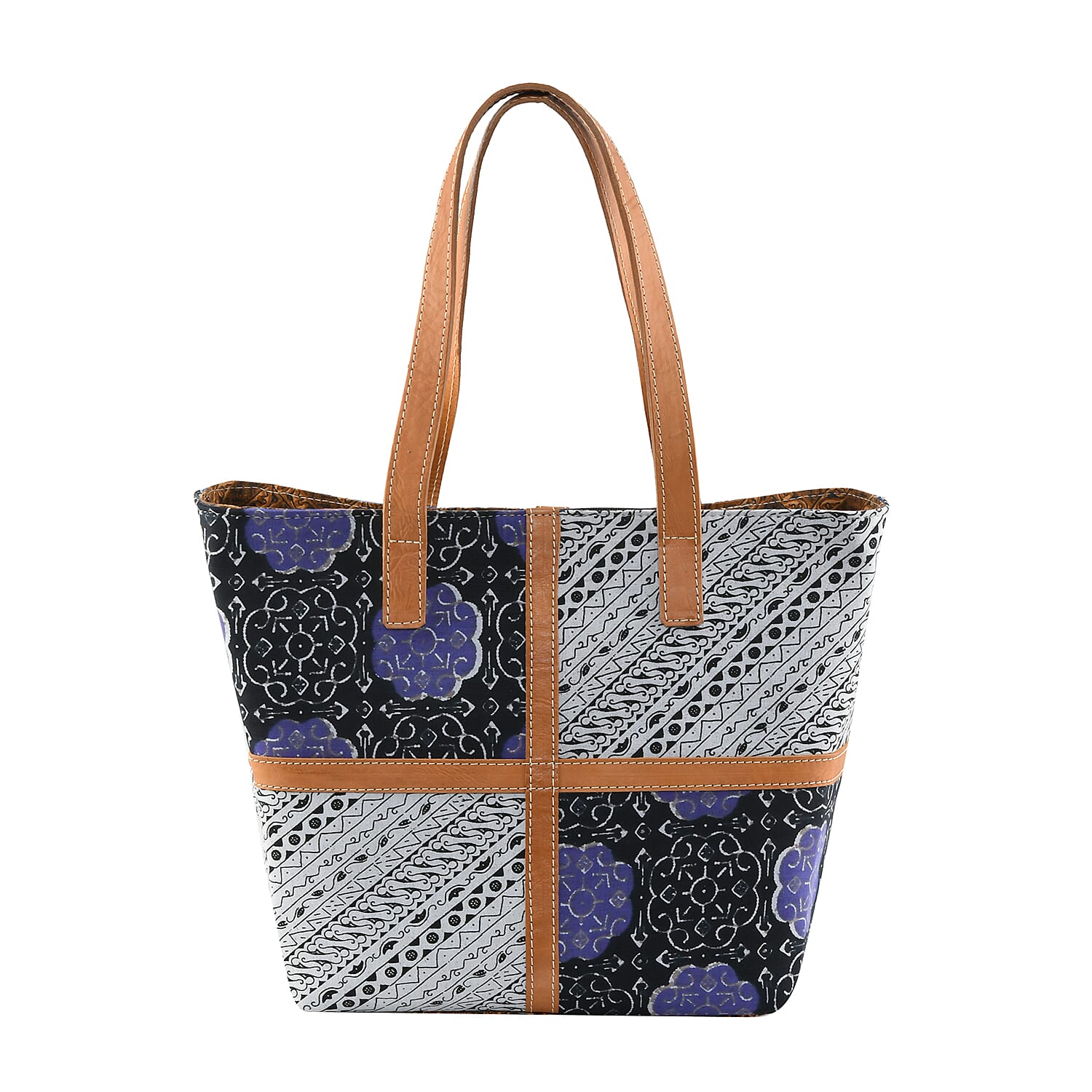 White and Black Indonesian Traditional Wax-Resist Dyeing Batik Printed Handbag with Genuine Leather Hand and Shoulder Strap