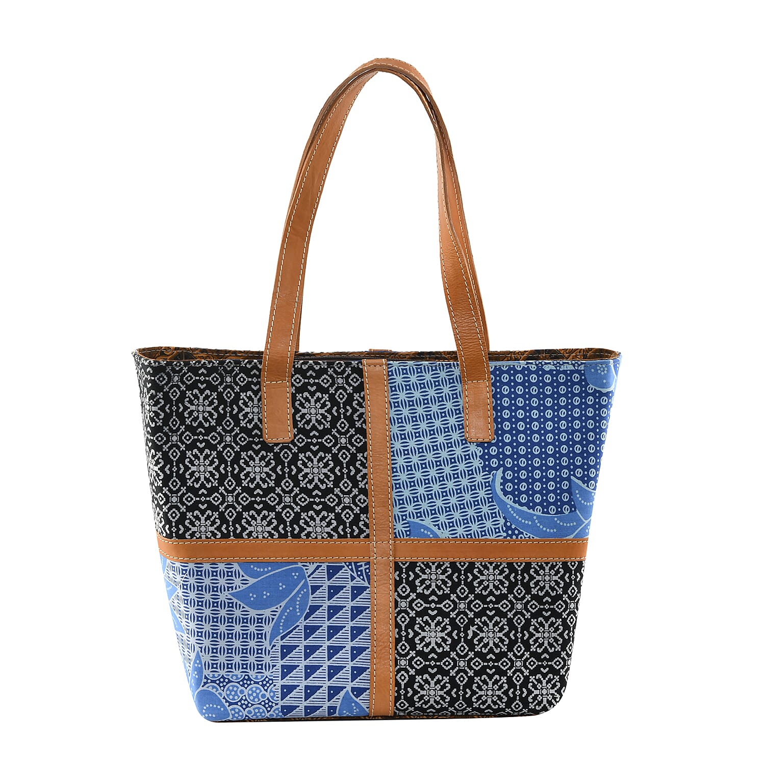 White and Black Indonesian Traditional Wax-Resist Dyeing Batik Printed Handbag with Genuine Leather Hand and Shoulder Strap