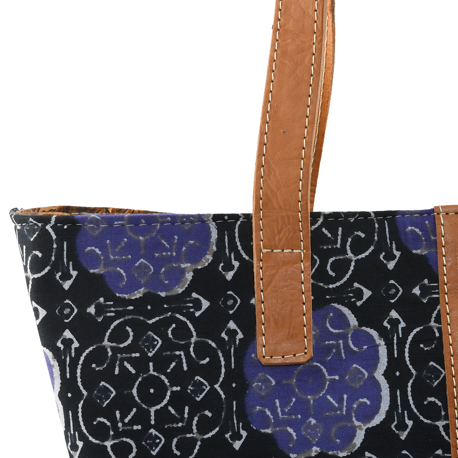 White and Black Indonesian Traditional Wax-Resist Dyeing Batik Printed Handbag with Genuine Leather Hand and Shoulder Strap