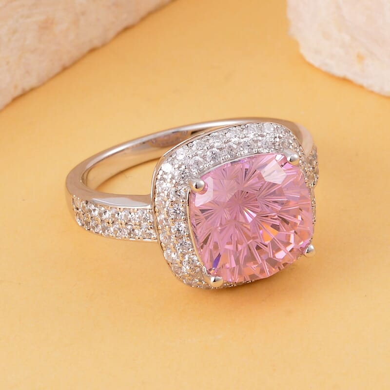 Lustro Stella Honey Comb Fire Work Cut Finest Pink and White CZ Double Halo Ring in Platinum Over Sterling Silver (Size 10.0) 10.40 ctw