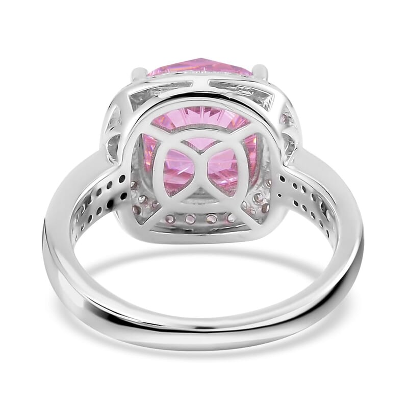 Lustro Stella Honey Comb Fire Work Cut Finest Pink and White CZ Double Halo Ring in Platinum Over Sterling Silver (Size 10.0) 10.40 ctw