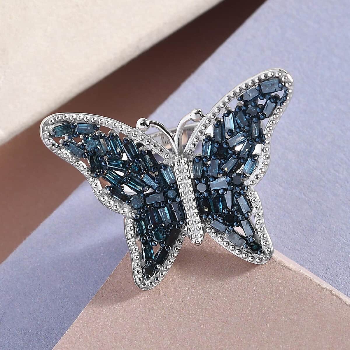 Blue Diamond Butterfly Ring in Rhodium and Platinum Over Sterling Silver (Size 7.0) 1.00 ctw image number 1