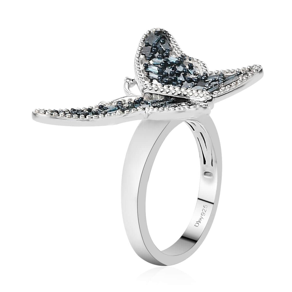 Blue Diamond Butterfly Ring in Rhodium and Platinum Over Sterling Silver (Size 7.0) 1.00 ctw image number 3