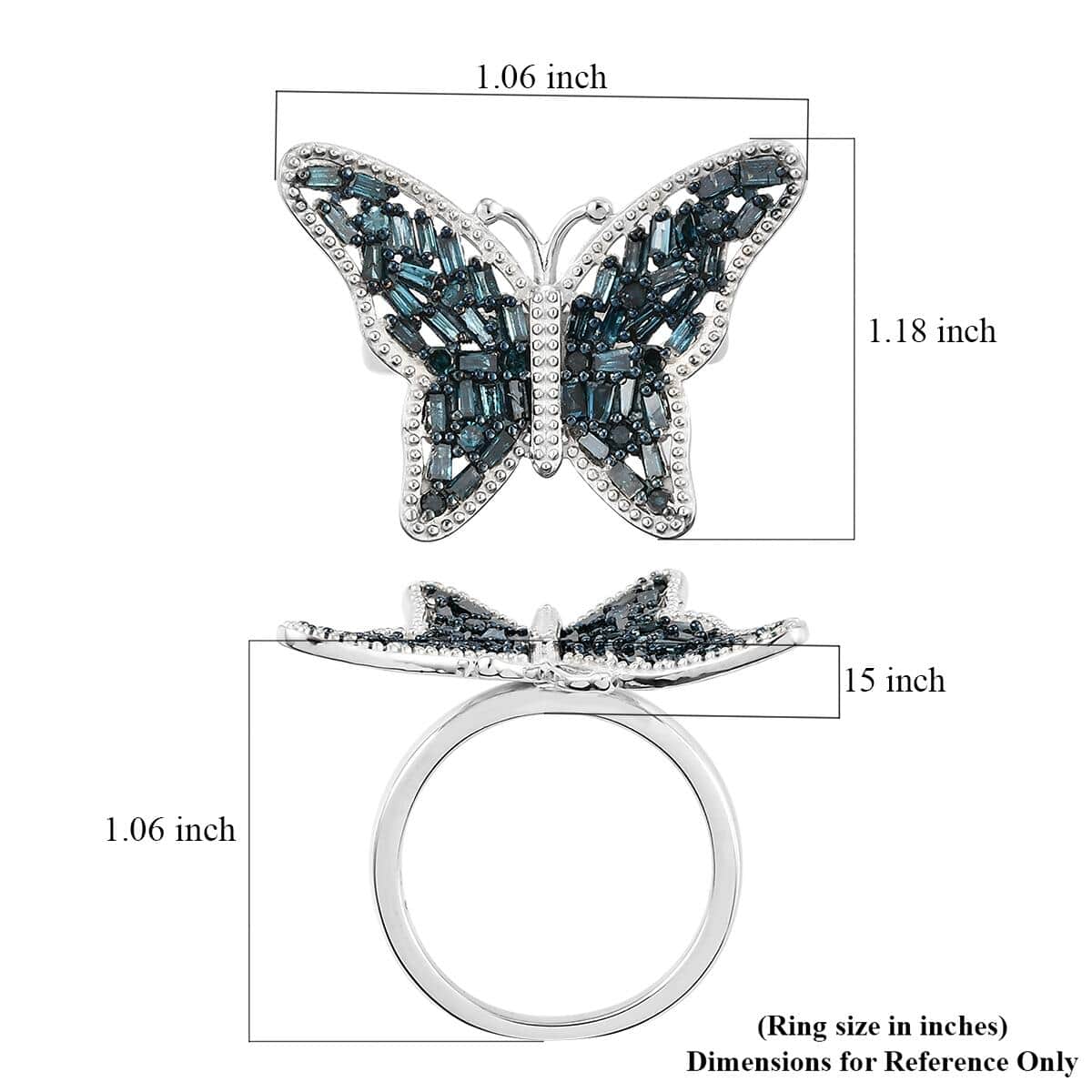 Blue Diamond Butterfly Ring in Rhodium and Platinum Over Sterling Silver (Size 7.0) 1.00 ctw image number 5