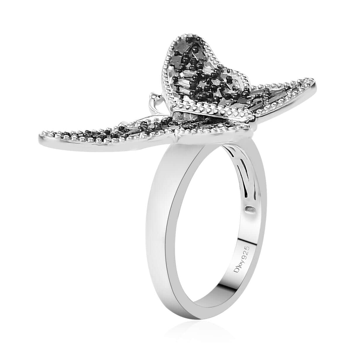 Blue Diamond Butterfly Ring in Rhodium and Platinum Over Sterling Silver (Size 9.0) 1.00 ctw image number 3