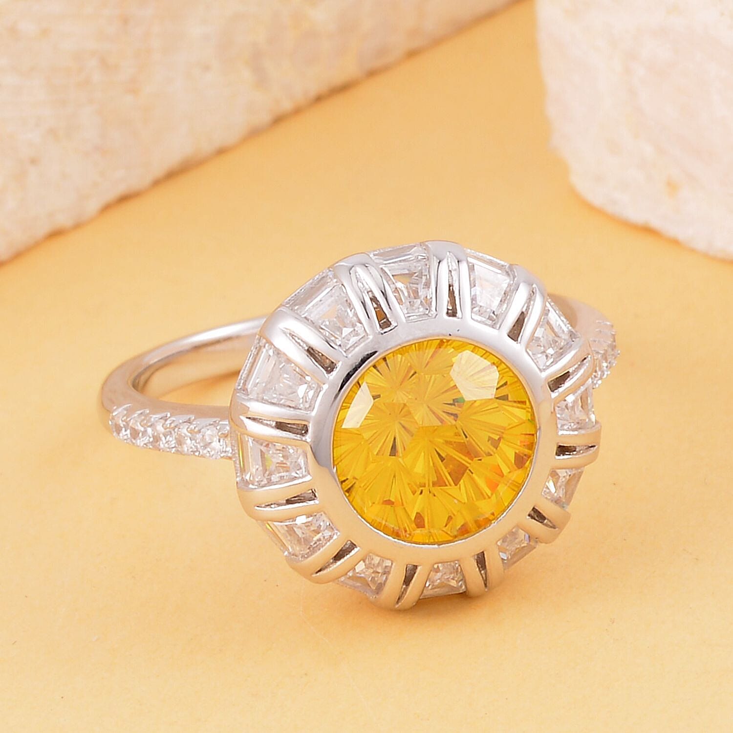 Lustro Stella Honey Comb Fire Work Cut Finest Yellow & White CZ Halo Ring in Platinum Over Sterling Silver (Size 10.0) 9.30 ctw