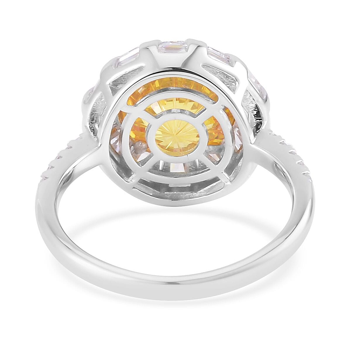 Lustro Stella Honey Comb Fire Work Cut Finest Yellow & White CZ Halo Ring in Platinum Over Sterling Silver (Size 10.0) 9.30 ctw