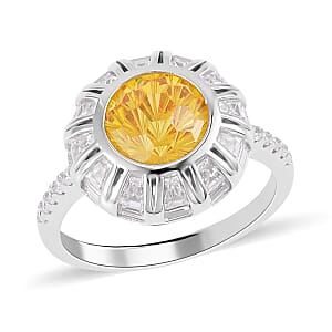 Lustro Stella Honey Comb Fire Work Cut Finest Yellow & White CZ Halo Ring in Platinum Over Sterling Silver (Size 6.0) 9.30 ctw