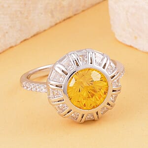 Lustro Stella Honey Comb Fire Work Cut Finest Yellow & White CZ Halo Ring in Platinum Over Sterling Silver (Size 6.0) 9.30 ctw