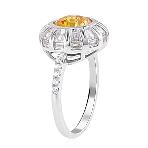 Lustro Stella Honey Comb Fire Work Cut Finest Yellow & White CZ Halo Ring in Platinum Over Sterling Silver (Size 6.0) 9.30 ctw