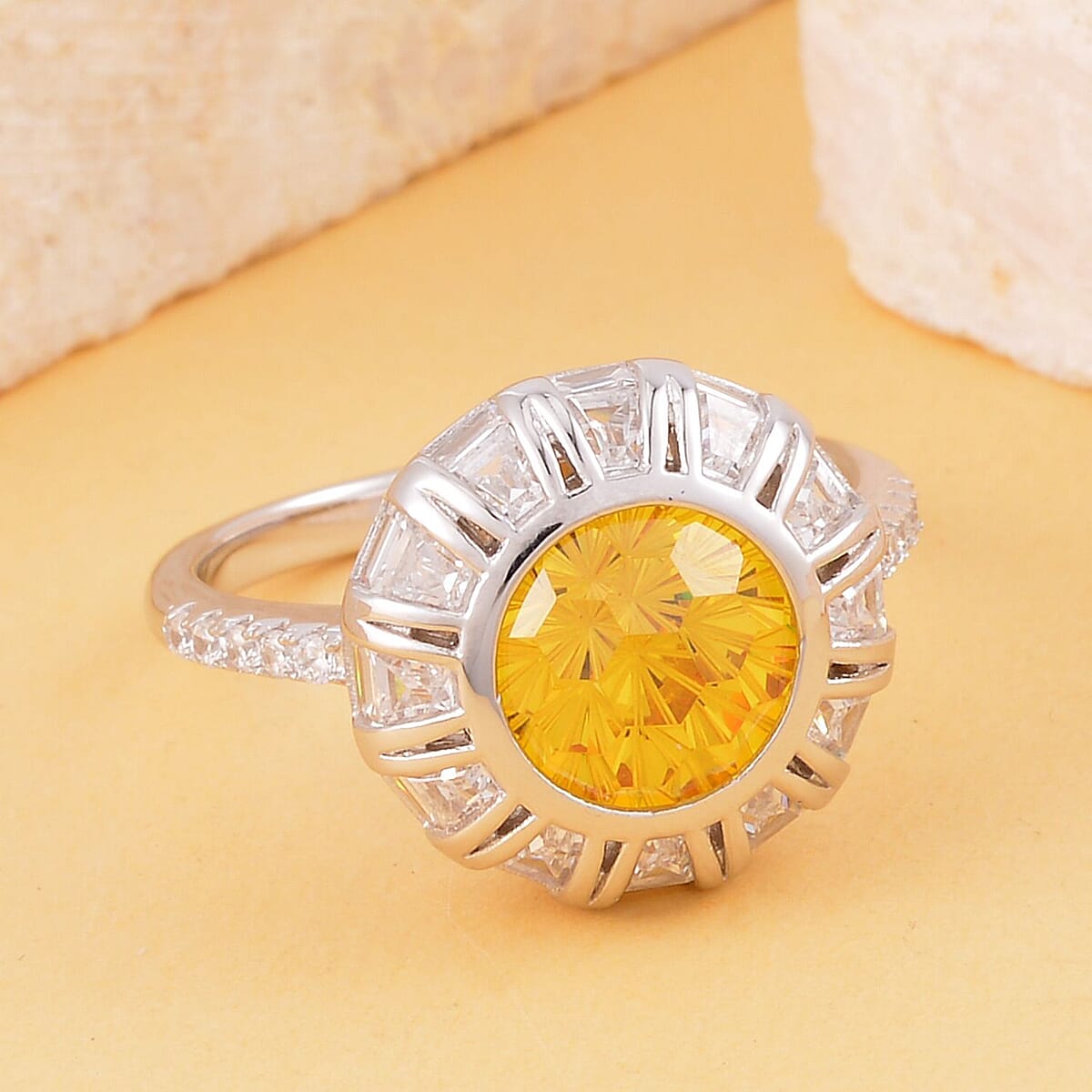 Lustro Stella Honey Comb Fire Work Cut Finest Yellow & White CZ Halo Ring in Platinum Over Sterling Silver (Size 7.0) 9.30 ctw image number 1