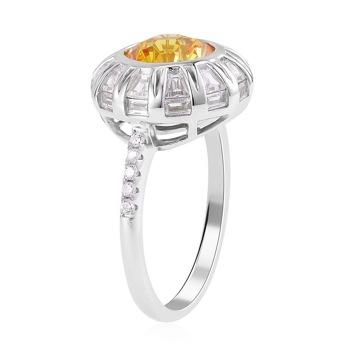 Lustro Stella Honey Comb Fire Work Cut Finest Yellow & White CZ Halo Ring in Platinum Over Sterling Silver (Size 7.0) 9.30 ctw image number 3