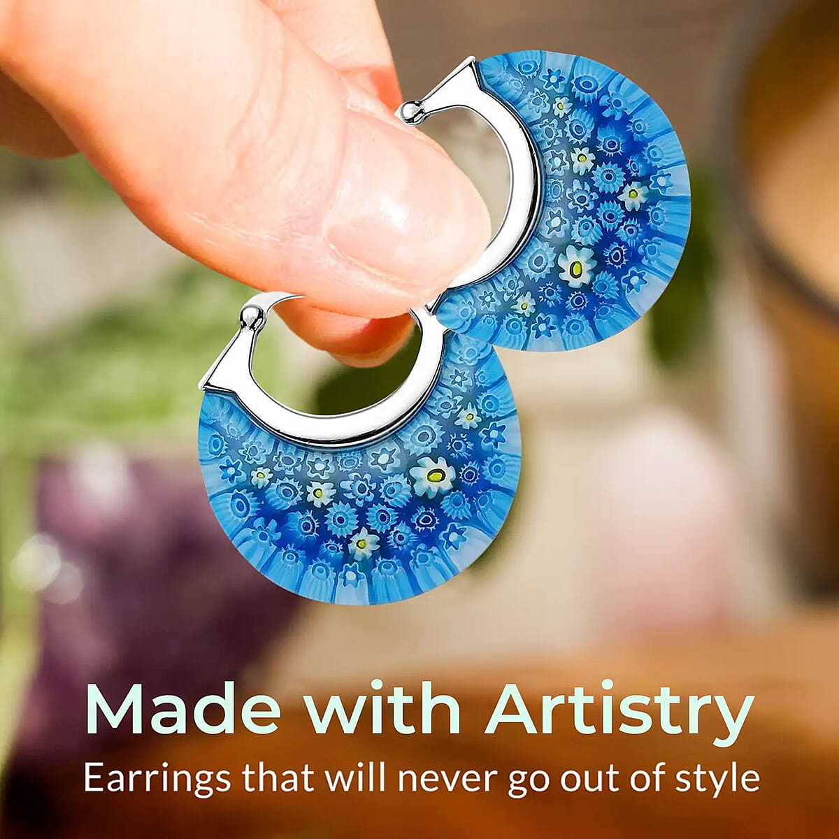 Blue Murano Style Basket Earrings in Stainless Steel image number 1