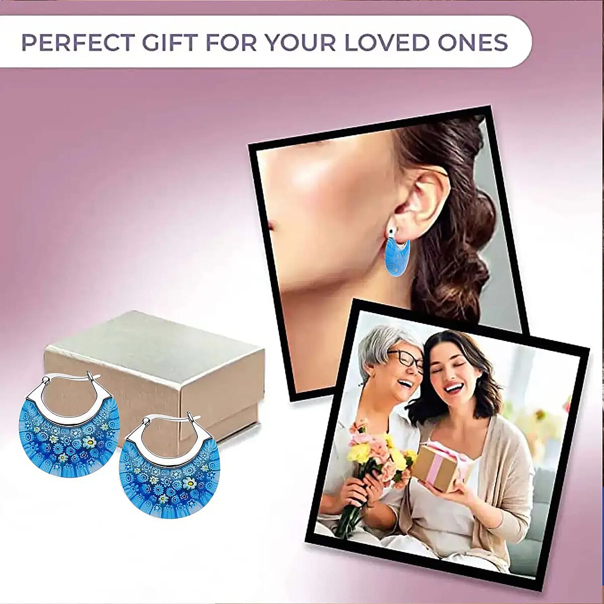 Blue Murano Style Basket Earrings in Stainless Steel image number 4