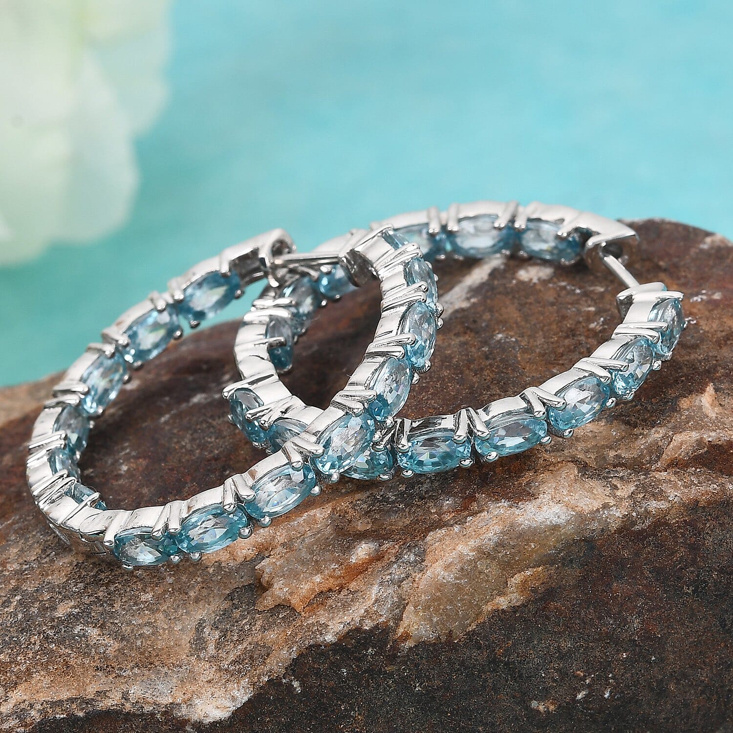 Cambodian Blue Zircon Inside Out Hoop Earrings in Platinum Over Sterling Silver 10.30 ctw