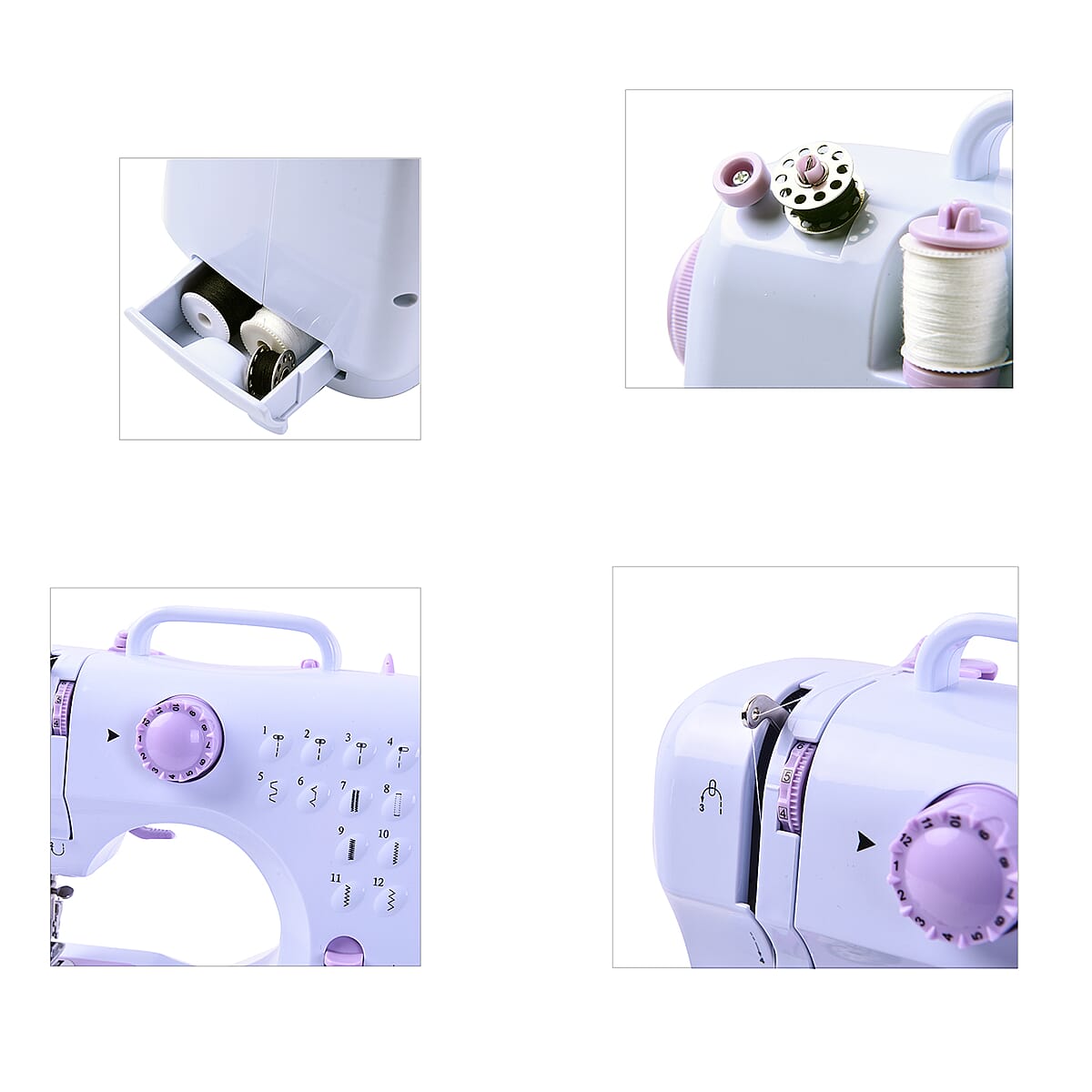 White and Purple 12-Needle Multi-function Sewing Machine with Two Speed Control (Battery 4xAA Not Included) image number 5