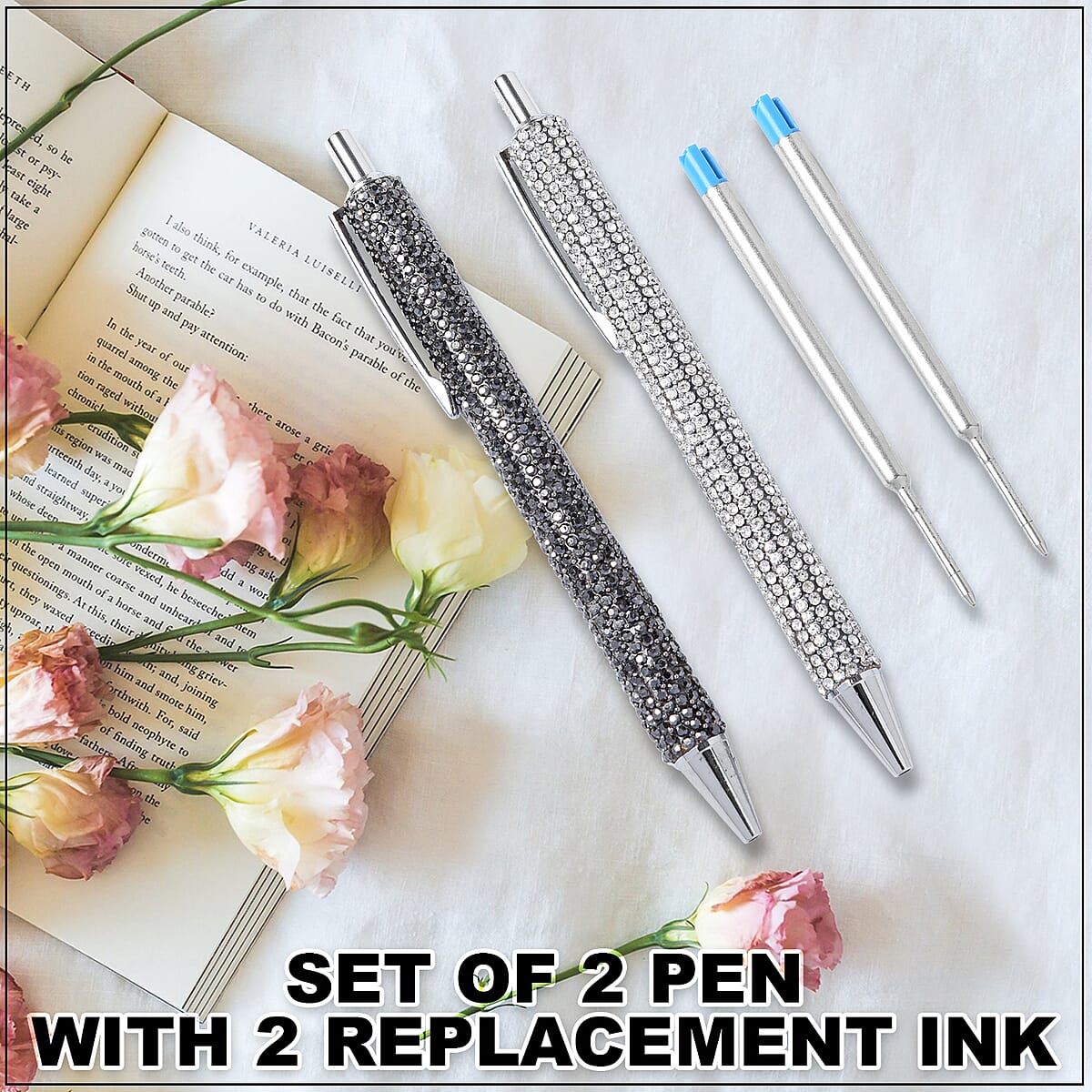 Set of 2 Black and White Simulated Diamond Pen with 2 Replacement Ink image number 1