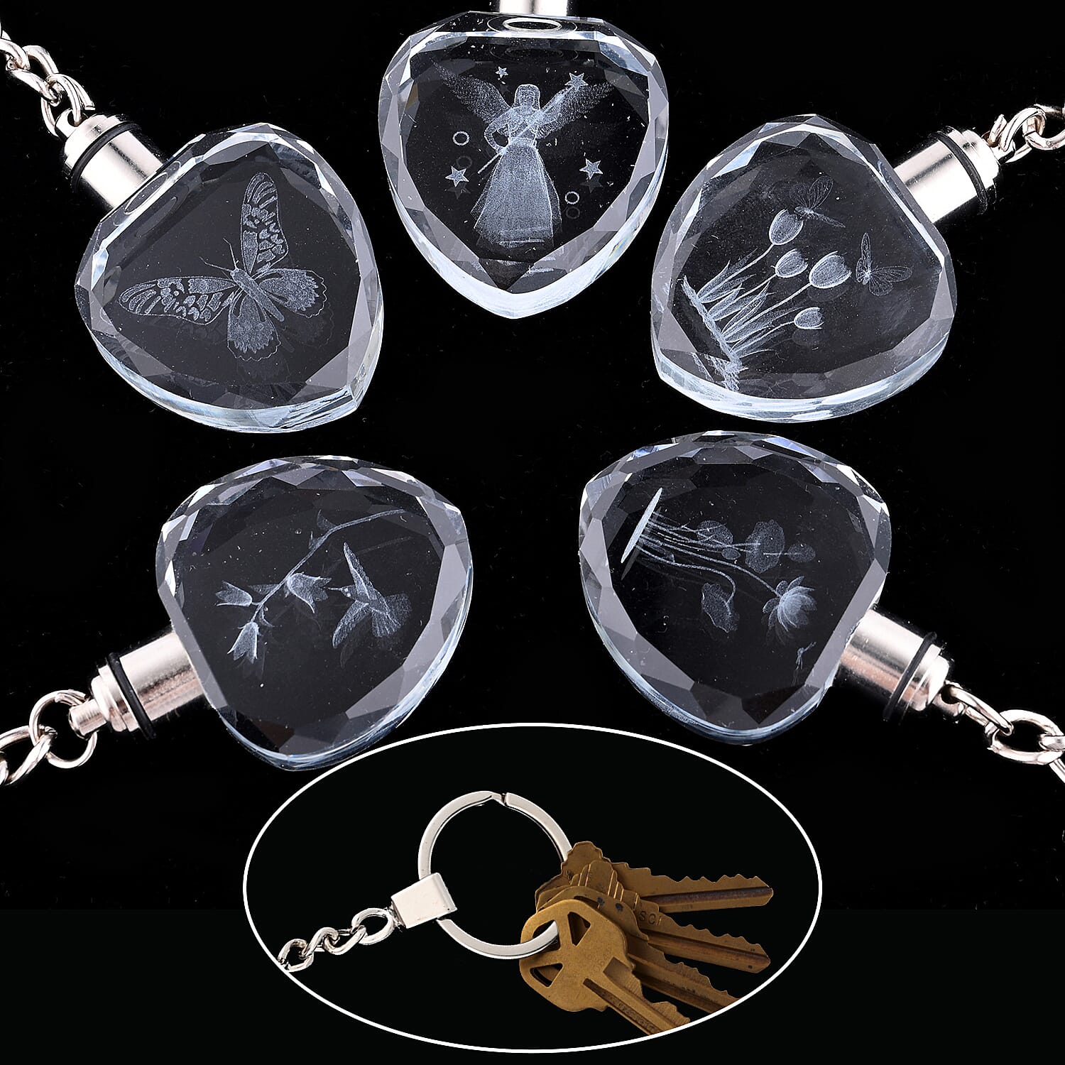 Set of 5 Crystal LED Heart Keychains (3xAG1 Battery included)
