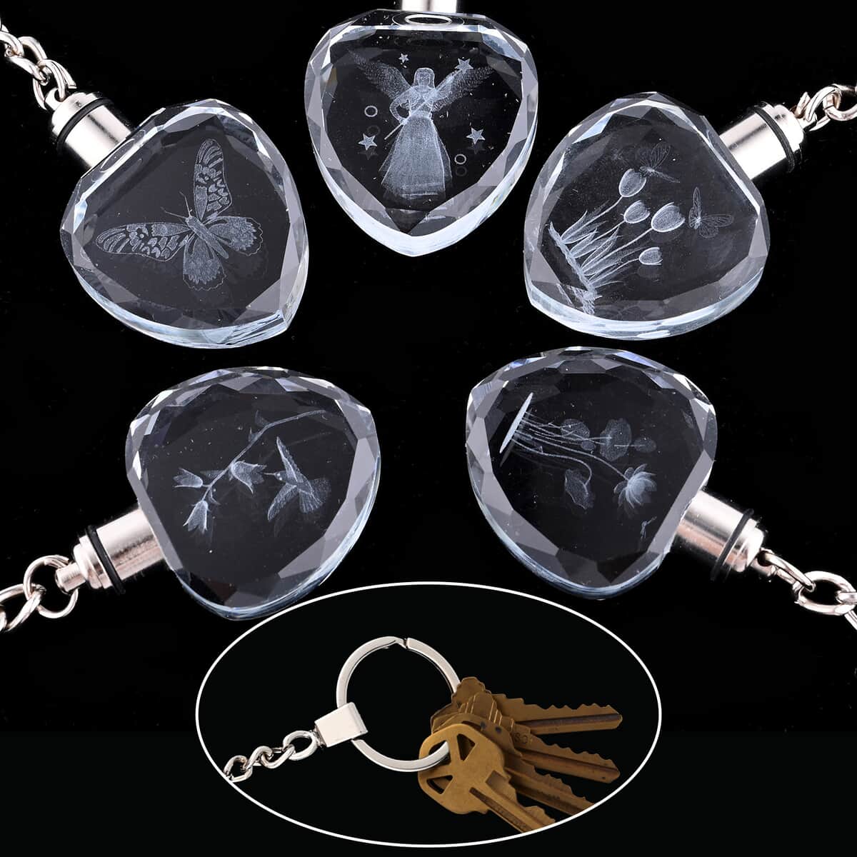 Set of 5 Crystal LED Heart Keychains (3xAG1 Battery included) image number 1