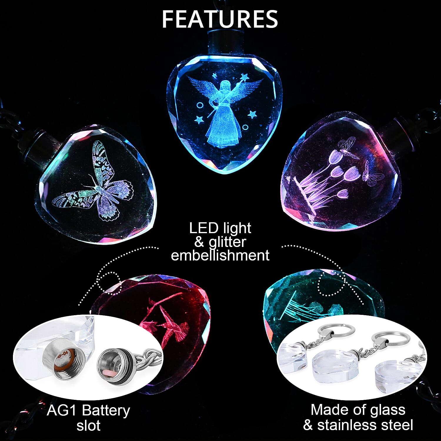 Set of 5 Crystal LED Heart Keychains (3xAG1 Battery included)