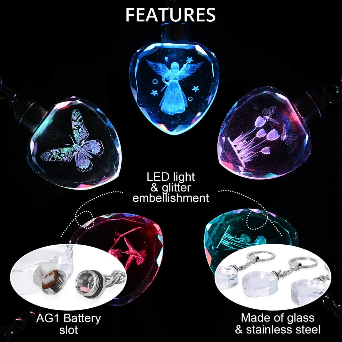 Set of 5 Crystal LED Heart Keychains (3xAG1 Battery included) image number 2