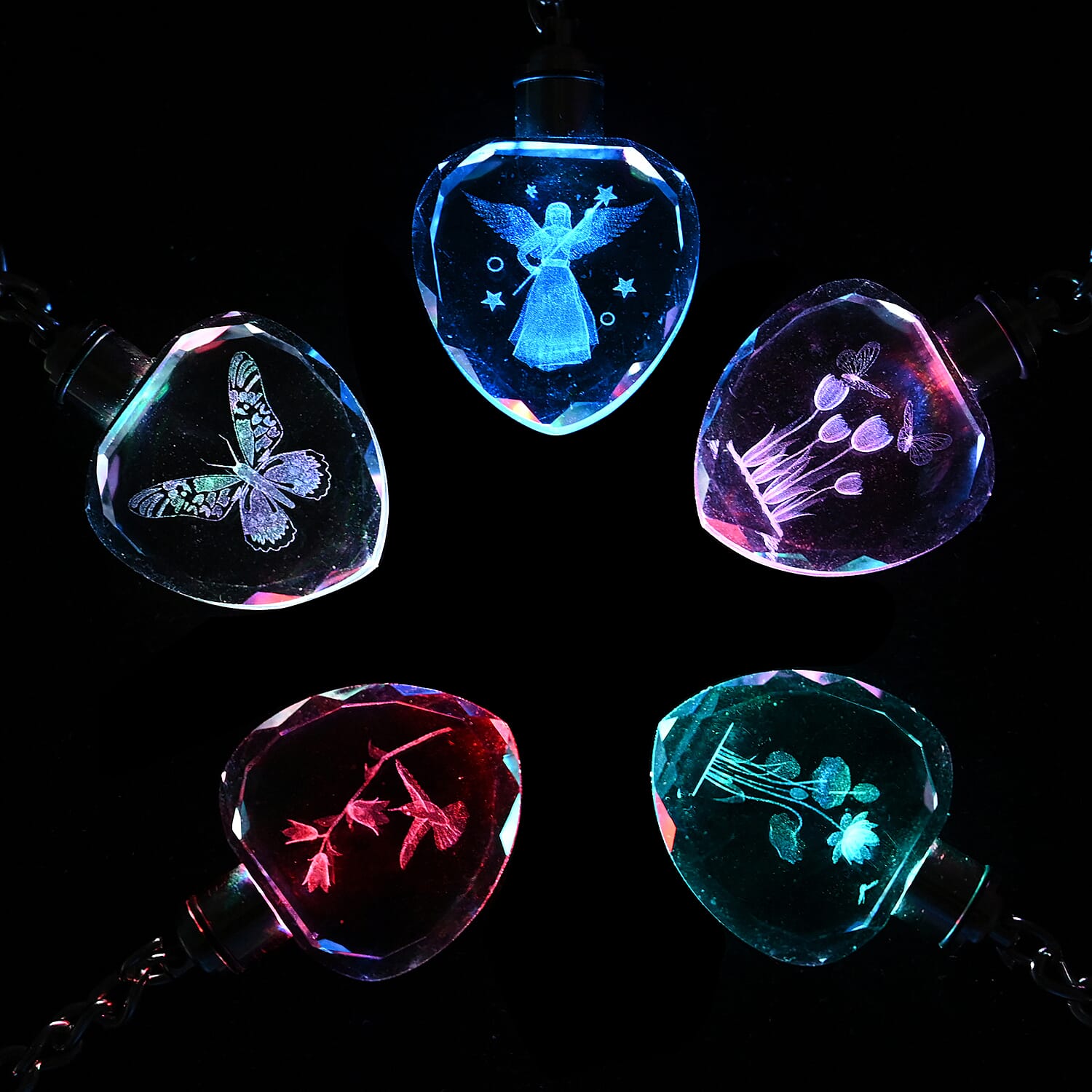 Set of 5 Crystal LED Heart Keychains (3xAG1 Battery included)